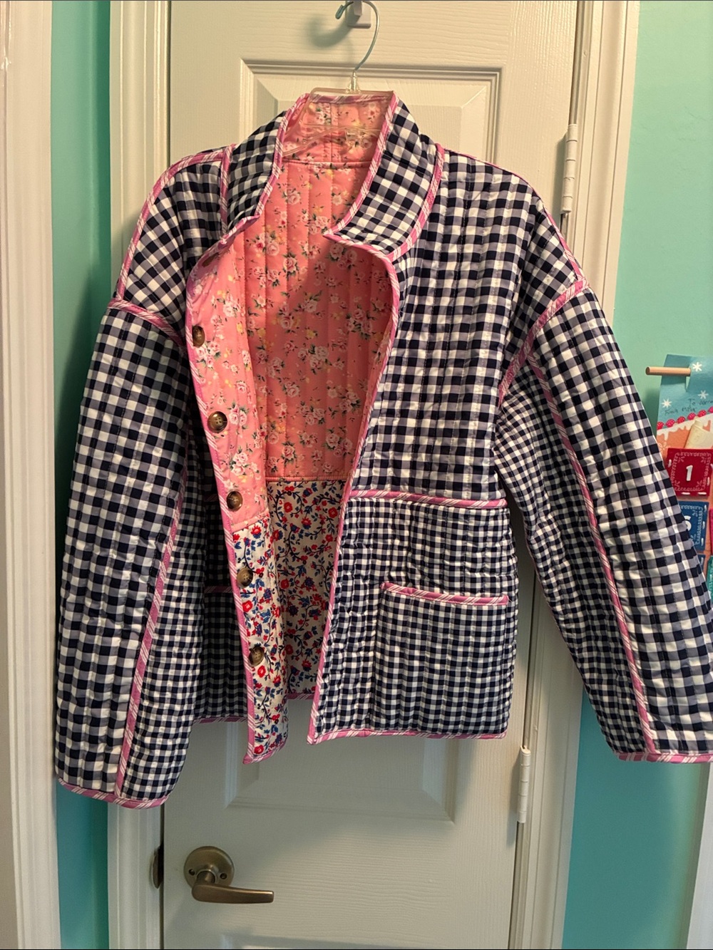 American Vintage Pink Quilted Reversible Jacket with Gingham Trim
